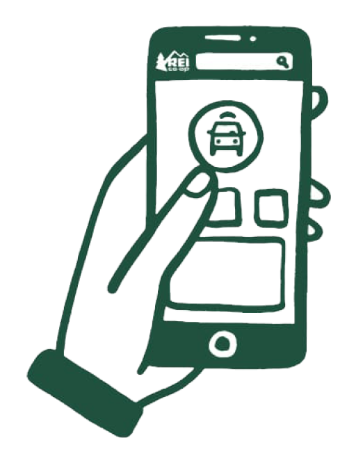 Illustration of a hand holding a smartphone with the REI app