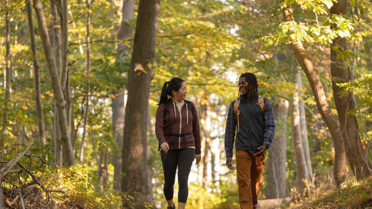 Two people take a walk through the fall woods.
