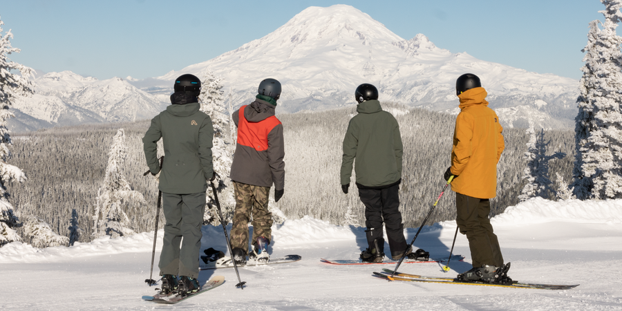 Two skiiers and two snowboarders at rest look off at Mount Rainier in the distance
