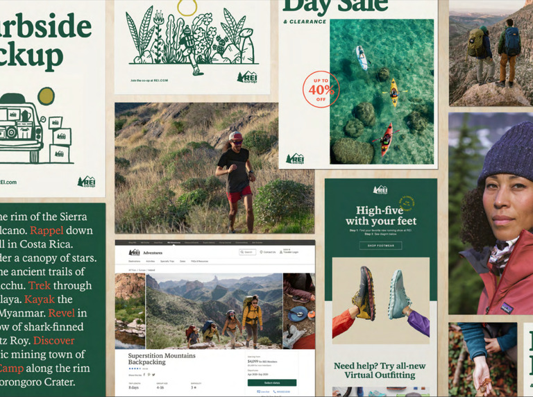 Collage of REI brand collateral, featuring images, illustrations, and