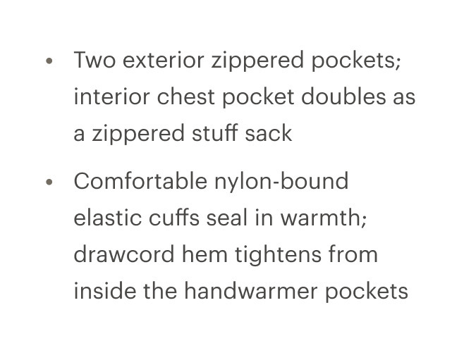 List items about different product details correctly separated by bullets.