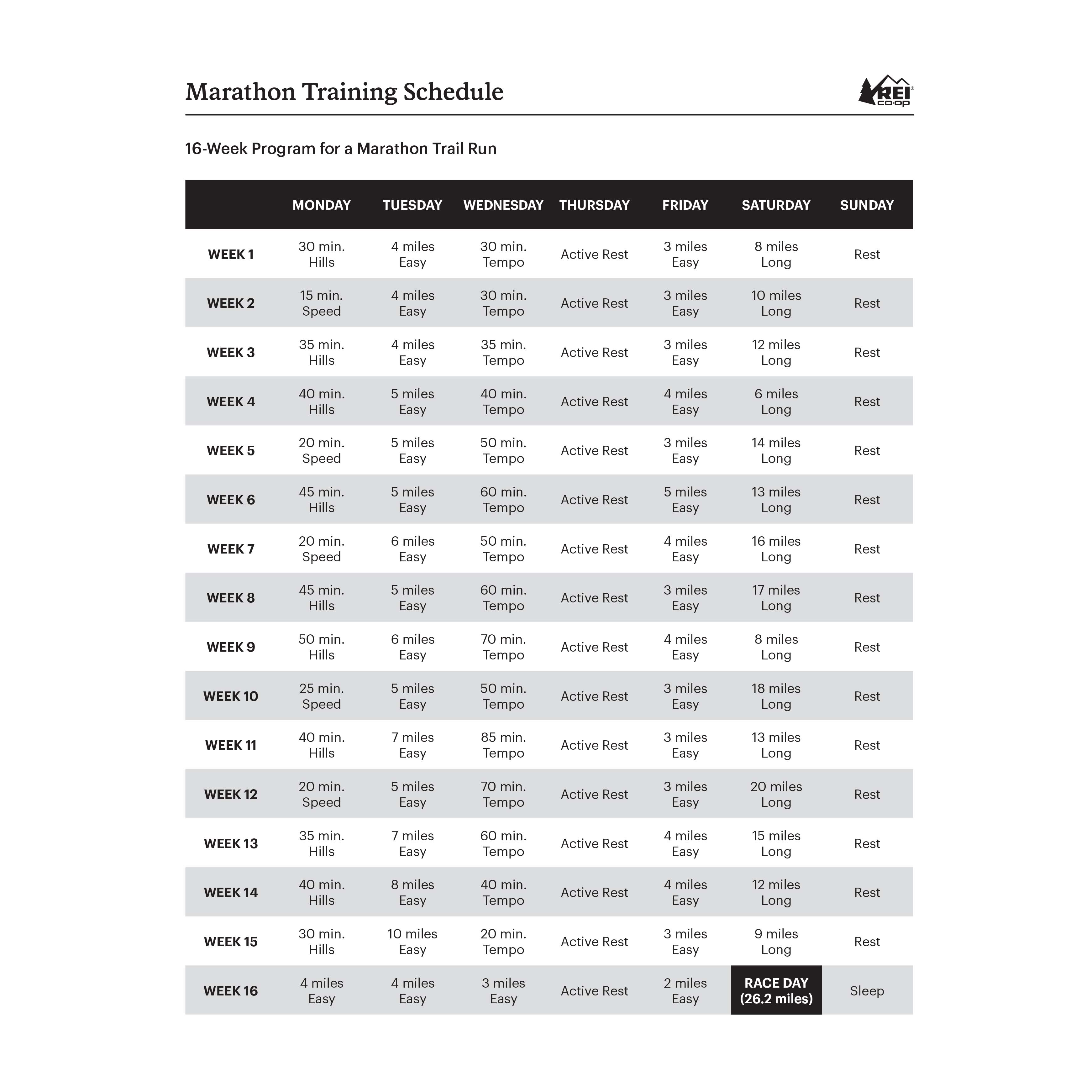 training plan table for marathon trail running race